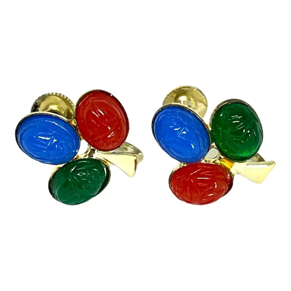 Vintage 1950s Longcraft Scarab Earrings Lucite Gold Tone Screw Back - 5X